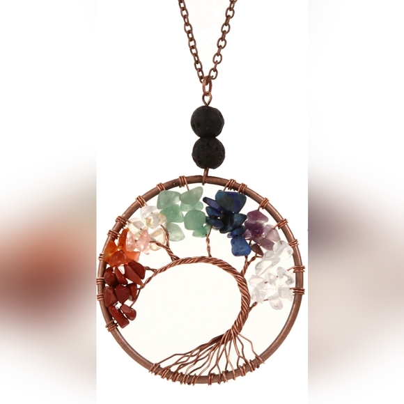 Tree of Life, Pendant Necklace w/ Natural Gemstones and Two Lava Stones - Picture 1 of 4
